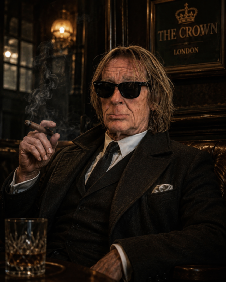 Tony Matthews seated in The Crown pub in London, wearing sunglasses and a suit with a glass of whisky