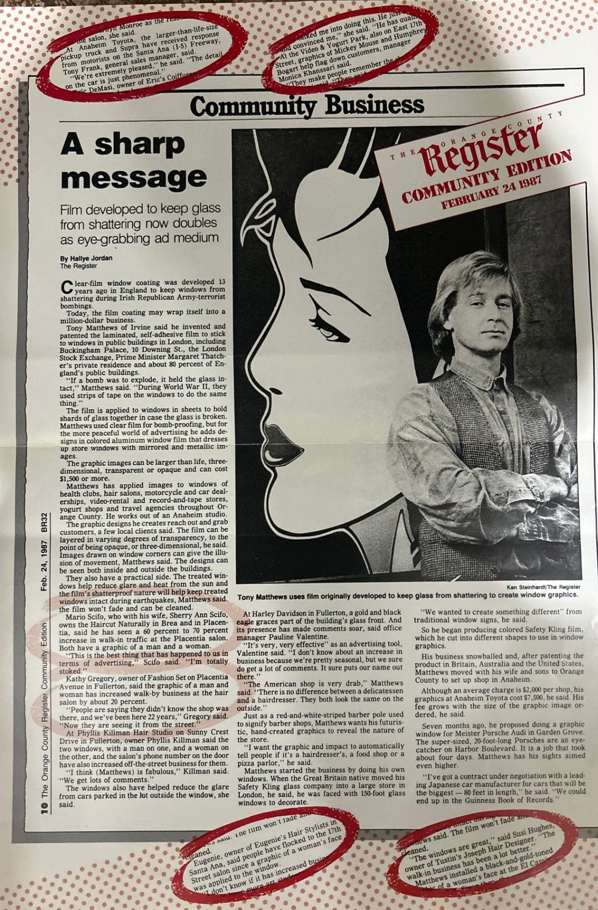 Orange County Register Community Business page from February 24, 1987, headlined A sharp message, about Tony Matthews's window-graphic film work