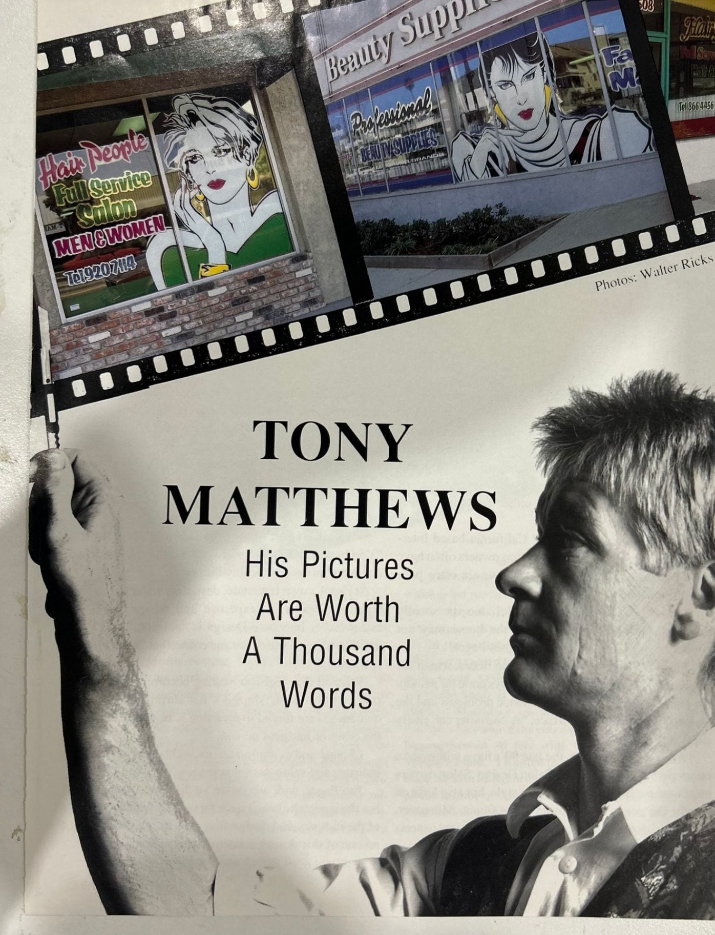Magazine page headlined Tony Matthews — His Pictures Are Worth A Thousand Words, showing salon window graphics and his profile photo