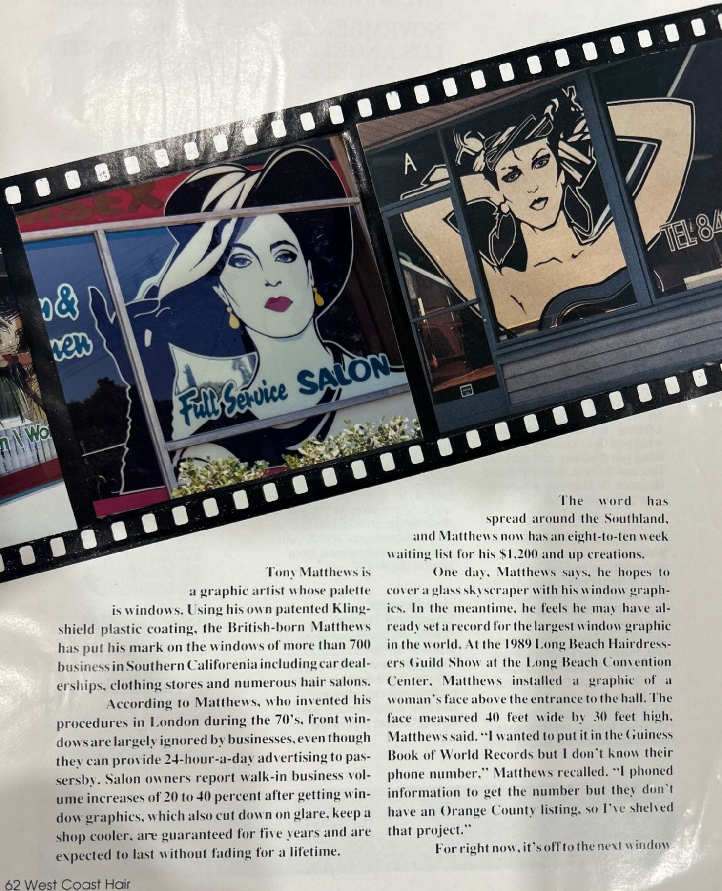 West Coast Hair magazine page with a filmstrip of Tony Matthews's salon window graphics and text about his patented window coating