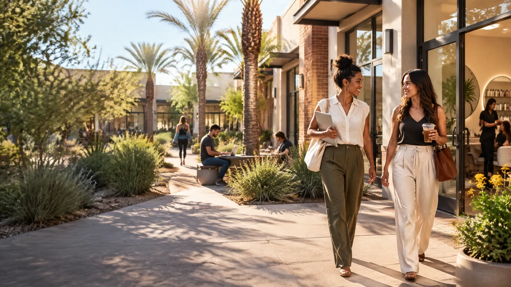Sunlit Mill Towne Center courtyard with entrepreneurs arriving for the day